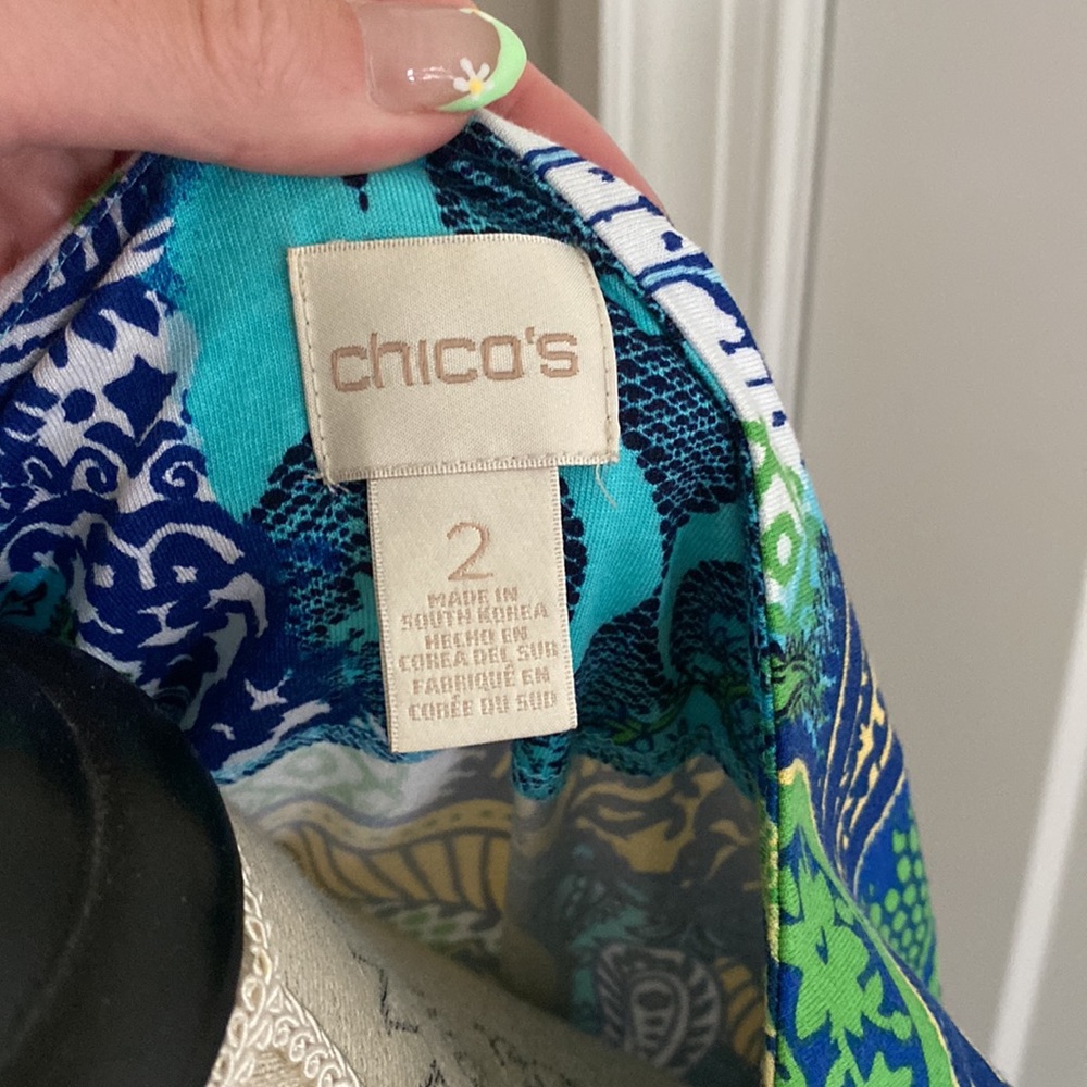 Chico’s 2 bell sleeve top paisley print blue green - Picture 3 of 3